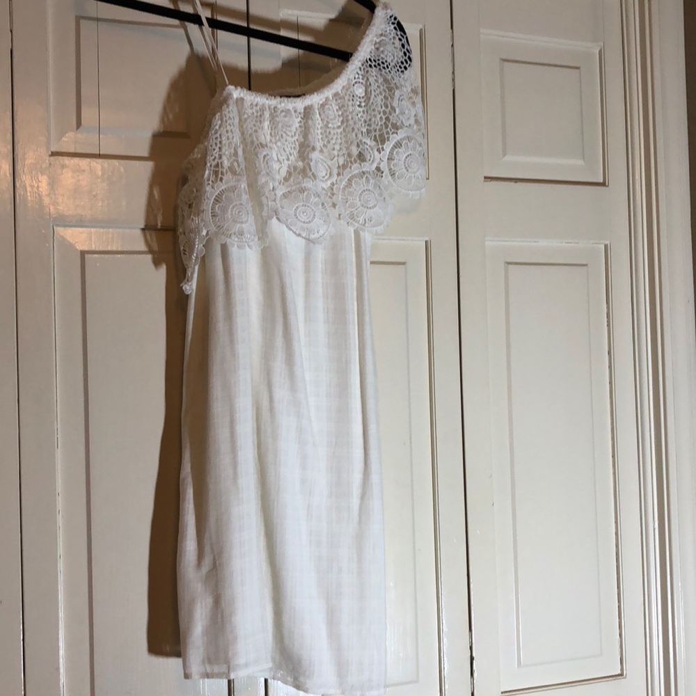 Blue Rain Off the Shoulder Flounce Dress Linen Look without the wrinkles SZ M R2